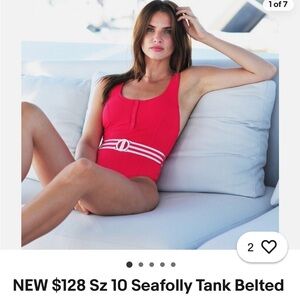 Seafolly Woman's Red & White Tank Belted Maillot One-Piece Swim Suit Sz 4